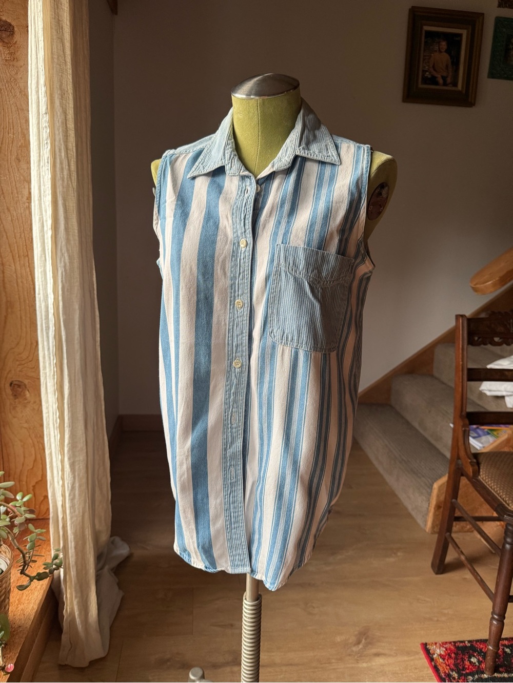 Vintage Sleeveless Blue and White Striped Button-Up Shirt